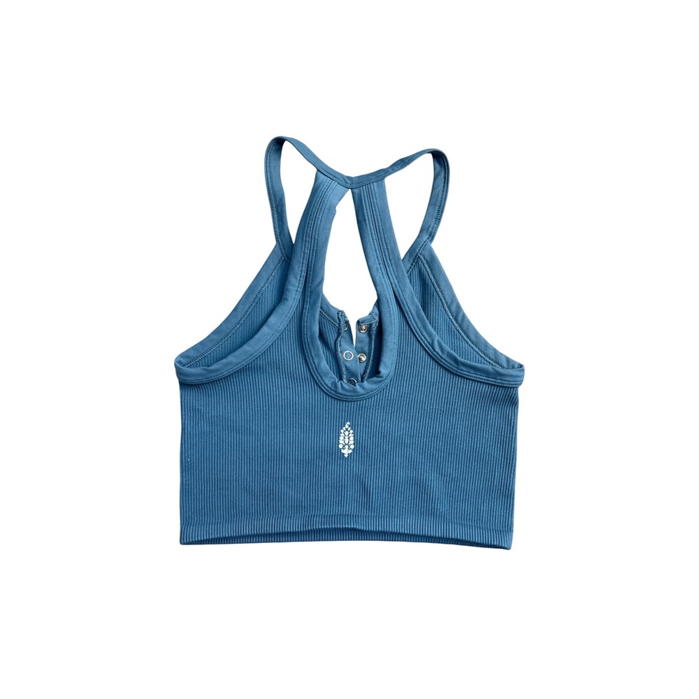 FP Movement Free People Blue Ribbed Crop Tank Top Snap Front Racerback Size M - Picture 2 of 6